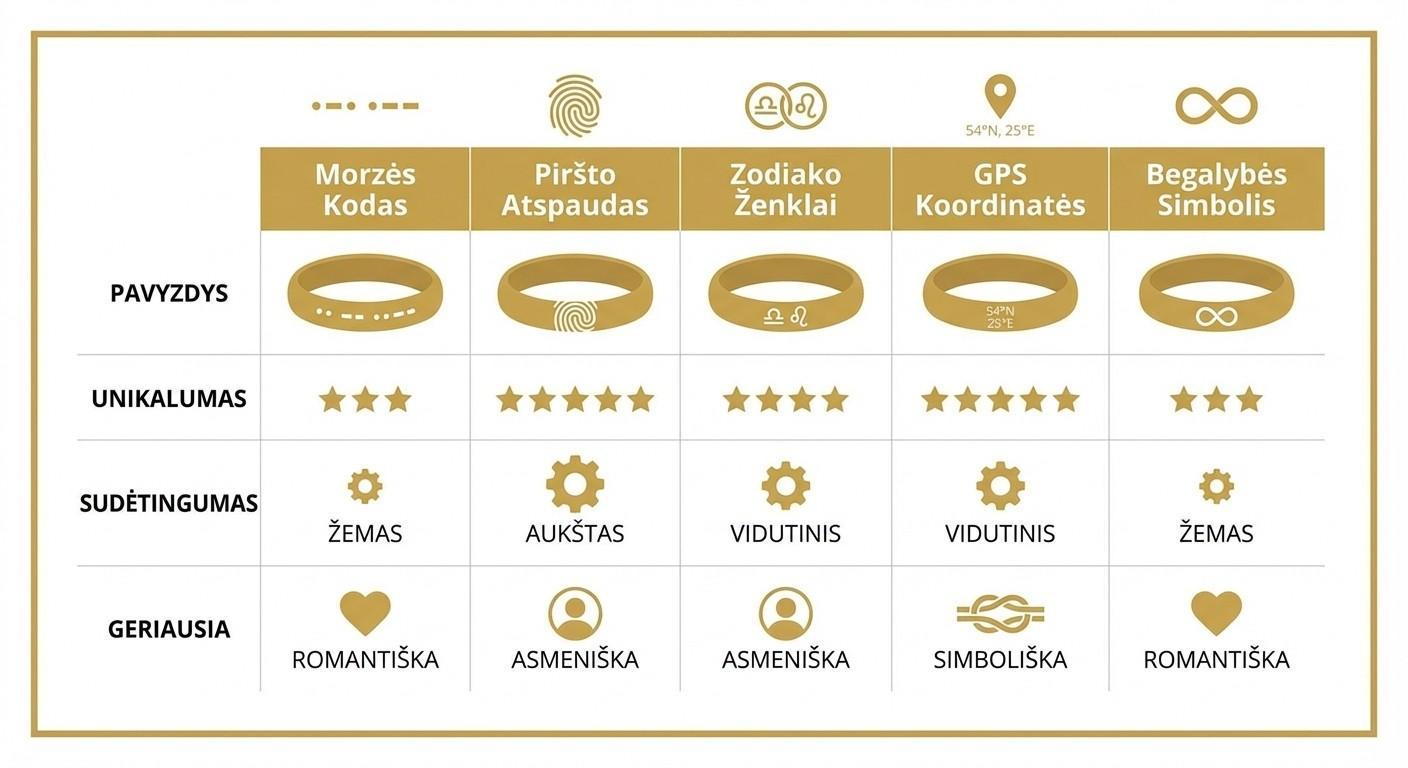 Vestuvinio žiedo graviravimo tipų palyginimas: Morzės kodas, piršto atspaudas, zodiako ženklai, GPS koordinatės ir begalybės simbolis 