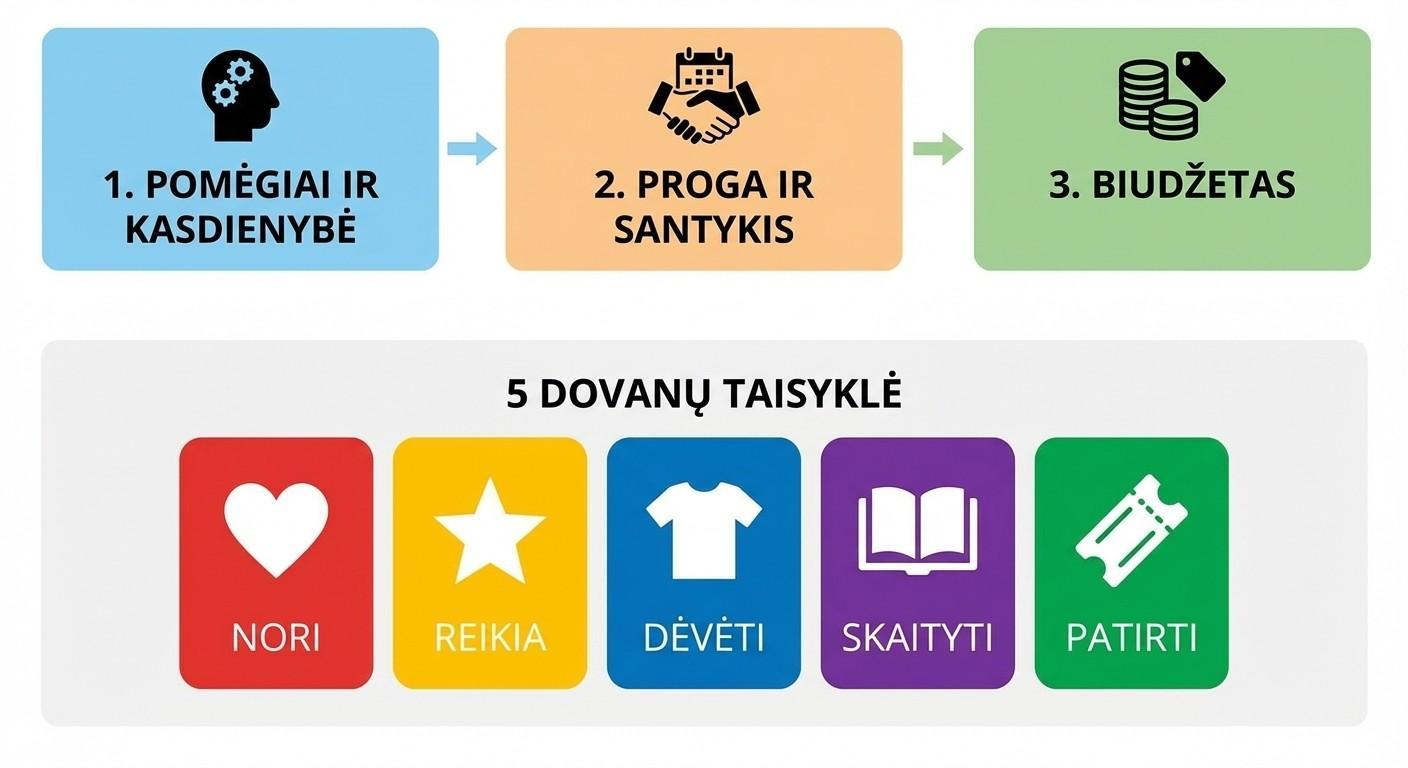 3 žingsnių metodas kaip išrinkti tobulą dovaną moteriai ir 5 dovanų taisyklė – proceso schema